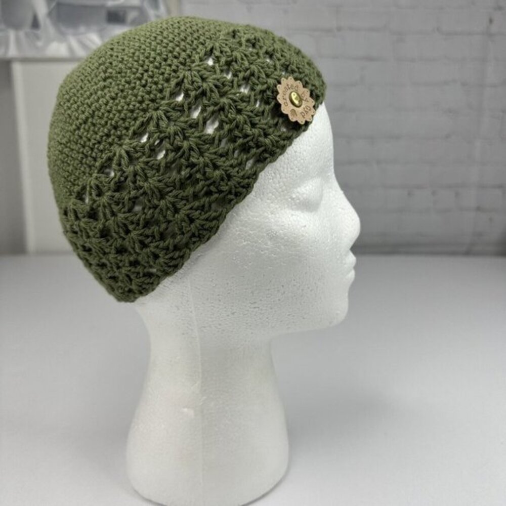 Created by Cyd Olive Green Crochet Beanie Shell Stitch Handmade Women Beanie Hat